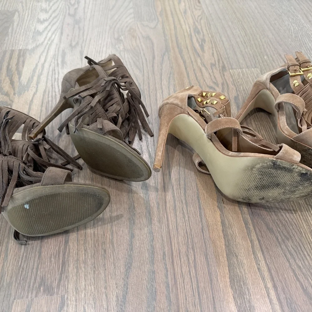 Ladies size 8.5 fringe open toe heels. 2 pair - taupe and beige
